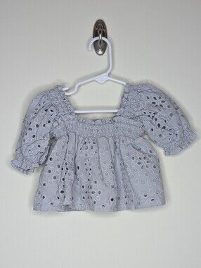Rylee + Cru Milan Blouse Light Blue Eyelet Smocked Puff Sleeve 2/3T